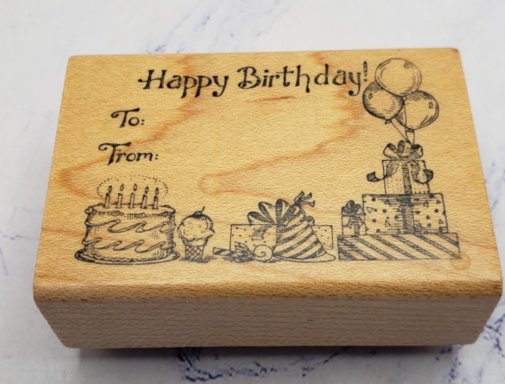 Happy Birthday Party Balloons To From Wood Mounted Rubber Stamp Delafield G732